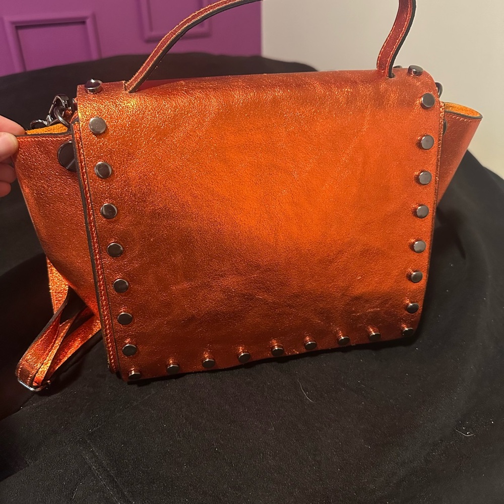 Persaman New York Metallic Orange Studded Crossbody Bag